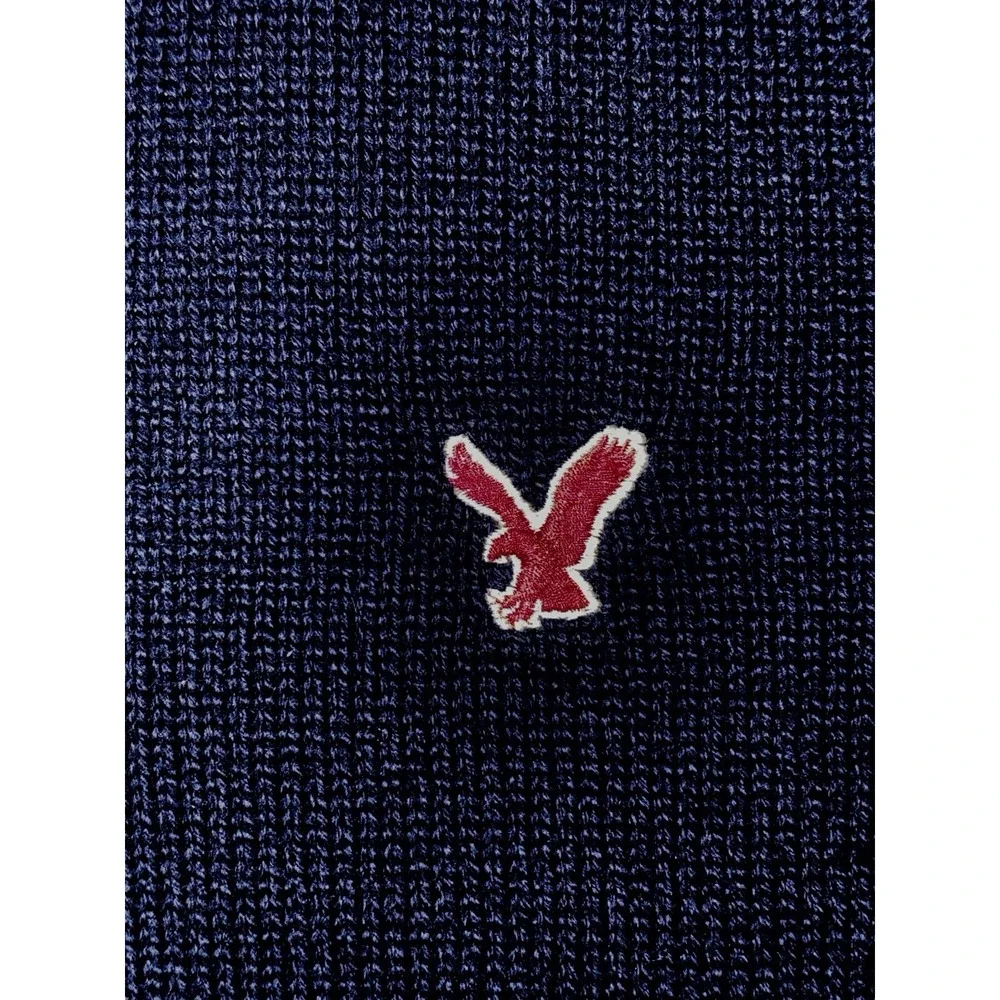 Y2K American Eagle Sweater Men L Blue 1/4 Zip Knit Pullover Wool Blend Preppy
